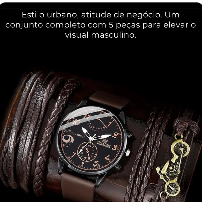Kit Relógio + 4 Pulseiras Masculinas - Presente Completo para o Dia dos Pais