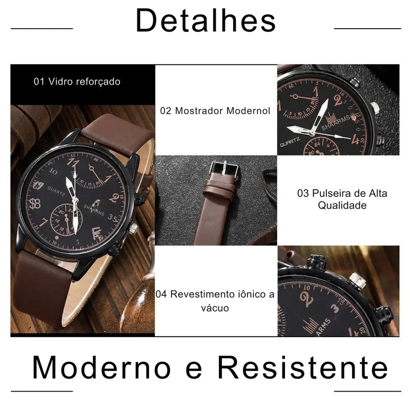 Kit Relógio + 4 Pulseiras Masculinas - Presente Completo para o Dia dos Pais